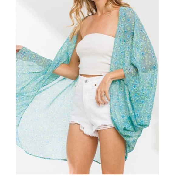 21 Beautiful teal and gree boho floral print sheer flowy open kimono cardi - Picture 3 of 7